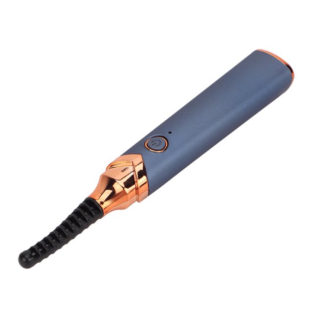 Heated Lash Curler, Electric Eyelash Curler USB for Curling Lash in blue with a sleek ABS body and rose gold accents. This heated eyelash tool features a built-in lithium-ion battery with 280mAh capacity and USB charging capability for convenient use at home, office, or on the go. Includes a USB charging cable.