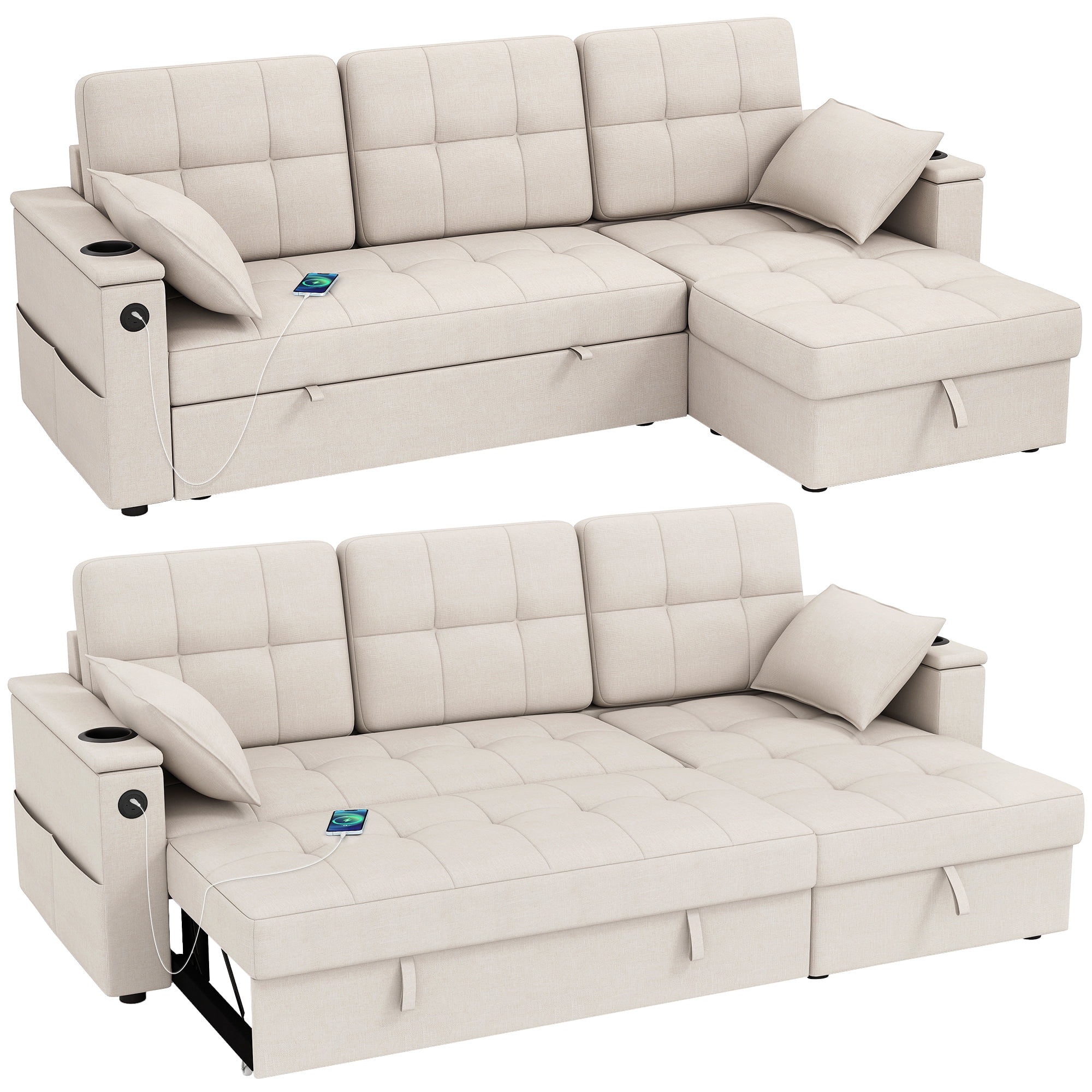 HOMCOM Sofa Bed, Pull Out Sleeper Couch with USB Ports, Chaise Storage