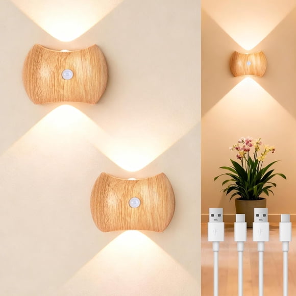 2PCS Rechargeable Motion Sensor Indoor Wall Light Sconce - 3 Colors Wireless Up and Down Wall Mount Light, Battery Operated Wall Lamps