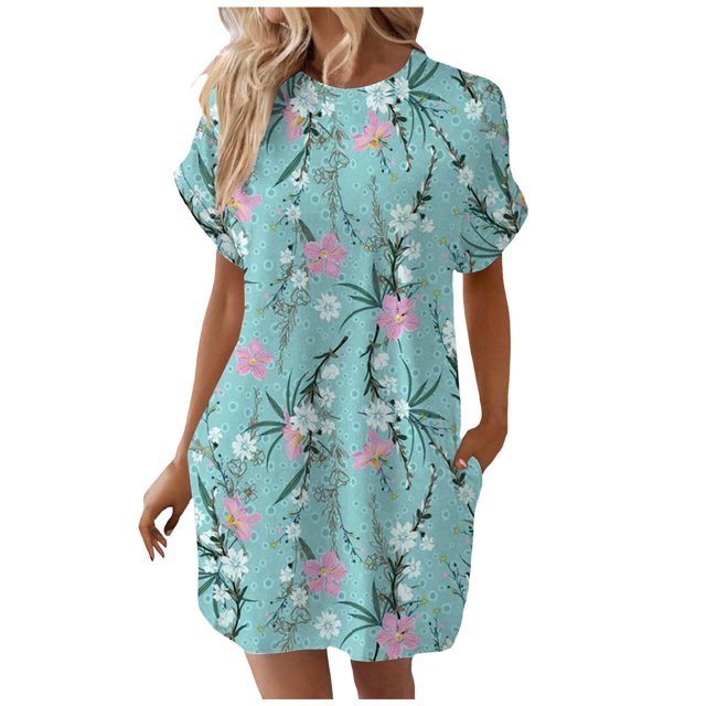 TJAZFJPA Robe Maxi à Manches Longues pour Femmes, Robe T-Shirt Douce à Manches Courtes, Tunique d'Été Décontractée, Robe Imprimée Ample avec Poches, Longues Robes d'Été pour Femmes, Robe Trapèze