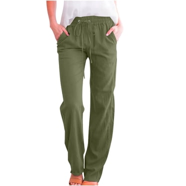 yoeyez Ladies Cotton Linen Straight Leg Pants Drawstring Solid Lounge Pants Trousers with Pockets Summer Casual Pants for Women Flash Sale Of The Day Light Blue,XL