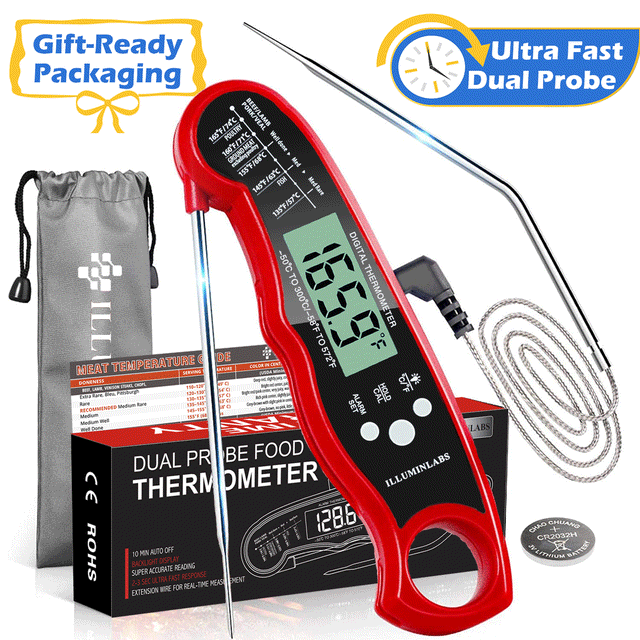 illuminlabs Meat Thermometer with dual probe design for continuous monitoring and instant read. This digital food thermometer features a backlit display showing 165.9°F, a foldable stainless steel probe, and a 45-inch oven-safe wired extension probe. Includes a soft-cloth storage bag, meat temperature guide, CR2032 button battery, and gift-ready packaging. Perfect for cooking, grilling, candy preparation, and as a kitchen thermometer.