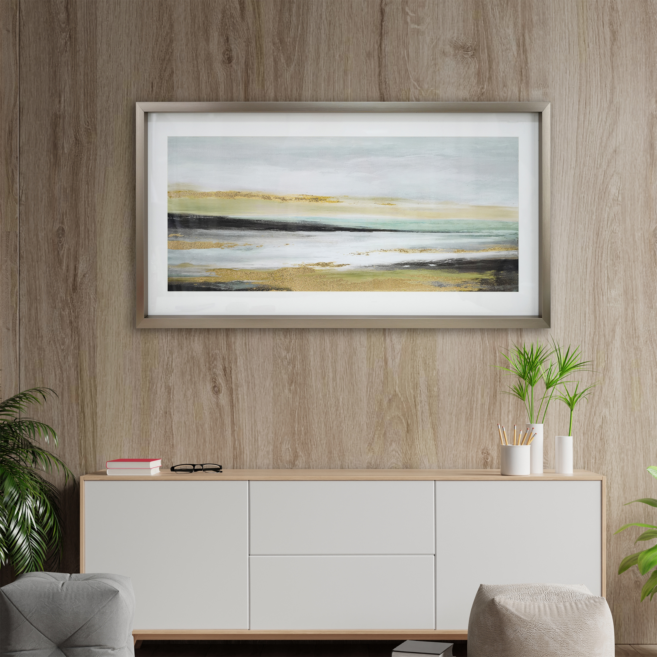 18x40 Inch Silver Tone Framed Abstract Landscape Art with Gold Accents