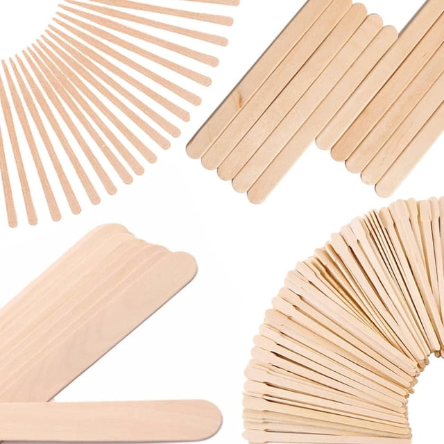 Mibly 4 Style 300 Pcs Assorted Wooden Wax Sticks - for Body Legs Face and Small Medium Large Sizes Eyebrow Waxing Applicator Spatulas for Hair Removal or Wood Craft Sticks