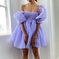 thumbnail image 2 of Women Off Shoulder Puff Sleeve Mini Dress Tulle Princess Dress Ruffle Mesh Evening Party Prom Dress, 2 of 6
