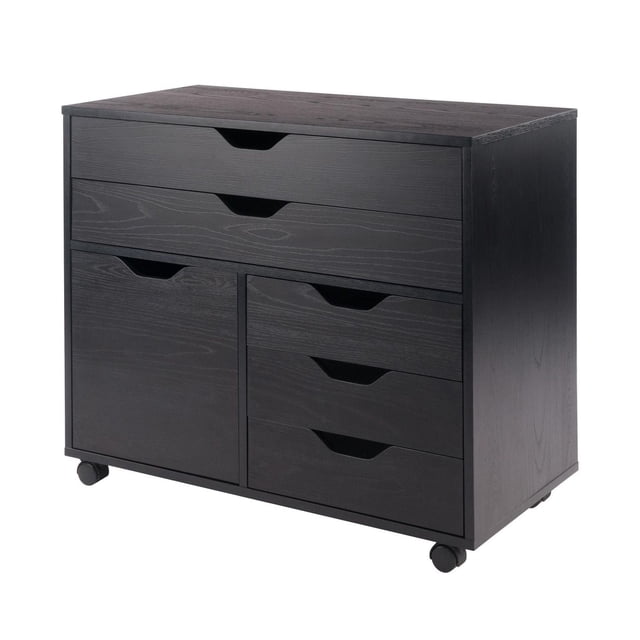Halifax 3 section cabinet black with five gliding drawers and a side cabinet, made of composite wood with a matte black finish, featuring cut-out handles and five caster wheels including two locking wheels for mobility and stability, suitable for organizing garage tools and sports gear.