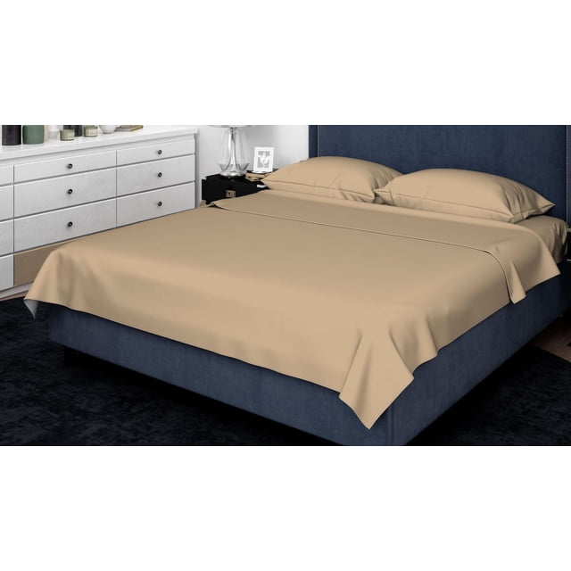 Johnson Home 300 Thread Count Combed Egyptian Cotton Sheet Sets in beige on a navy upholstered bed frame with matching pillowcases, displayed in a modern bedroom with white dresser and black bedside table, emphasizing breathable, soft, and durable cotton fabric ideal for year-round comfort.