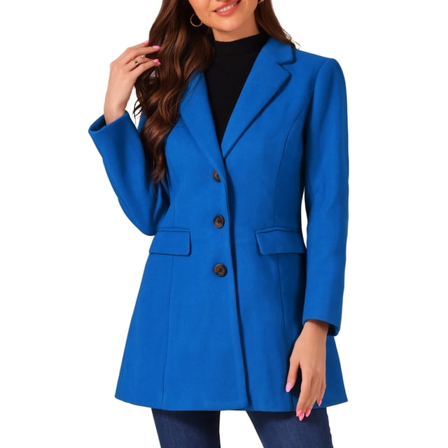 INSPIRE CHIC Women's Coat Solid Color Notched Lapel Single Breasted Winter Peacoat Deep Blue L