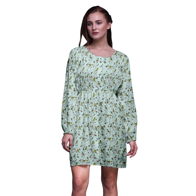 Bimba Robe Midi à Manches Longues Imprimé Floral Feuilles Vertes & Oiseau Flowerpecker pour Femmes-Moyen