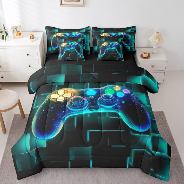 YST 7Pcs Gamer Comforter Set Twin, Gaming Bedding Comforter Set For Kids, Video Games Controller Gamepad Bed In A Bag Neon Glowing Square Geometric Grid Bed Sets With Comforter And Sheets