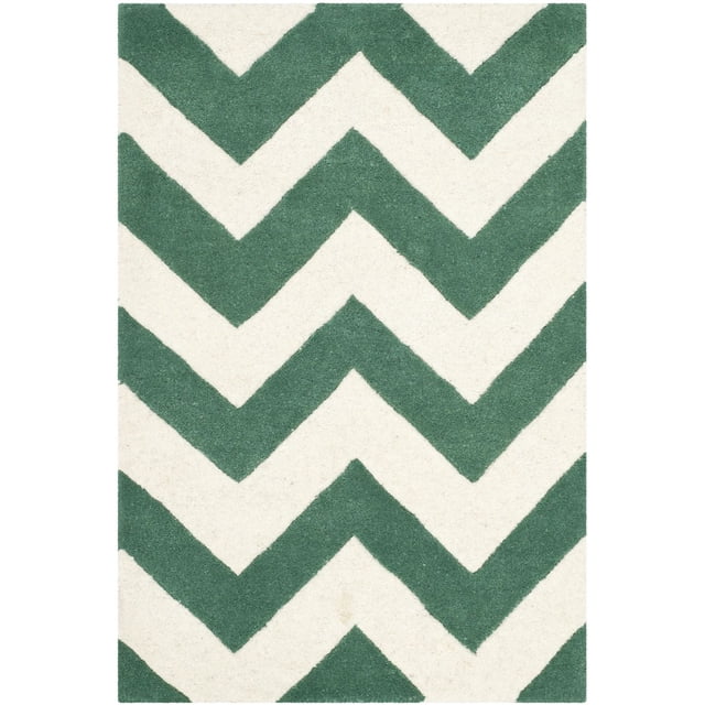 Safavieh Chatham Jake Zigzag Stripes Area Rug featuring hand-tufted wool with a green and off-white zigzag stripe pattern and medium pile height for softness underfoot, ideal for contemporary accent spaces and often used for layering over larger rugs.