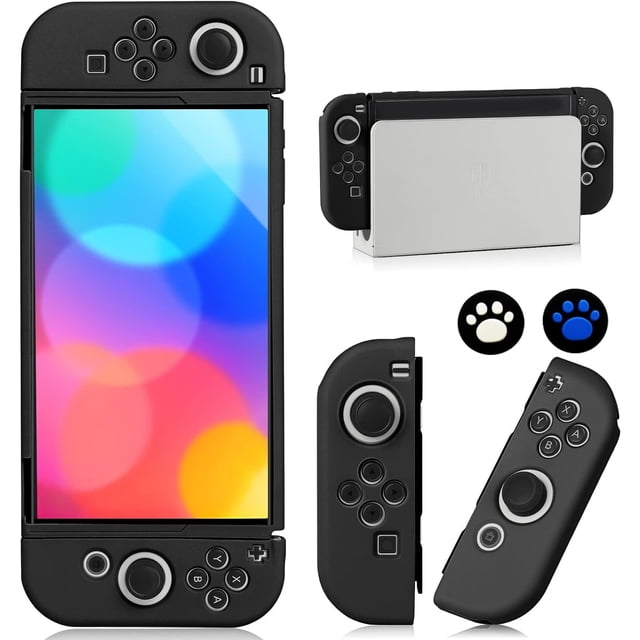 KOMI Switch OLED Case for Nintendo Switch OLED Model, Dockable Cover Soft TPU Protector Case for Switch OLED Grips & Console and Accessories with 2 Pcs Thumb Caps, Black