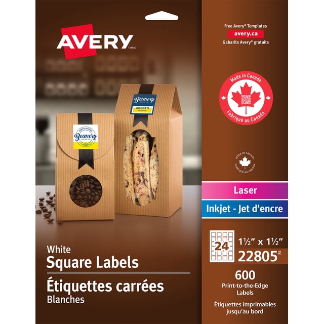 Avery Matte White Square Labels 1½" x 1½" for laser and inkjet printers shown on brown kraft packaging with coffee beans and almond biscotti, featuring permanent adhesive for smooth surfaces and print-to-the-edge design, suitable for event favour labels, invitations, and bakery packaging, customizable with free Avery templates at avery.ca.