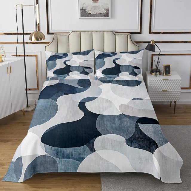 Erosebridal Blue Geometry Coverlet Set King, Minimalst Abstract Bedding Set, Modern Fashion Bed Set, Microfiber Bedroom Decor, 3pcs