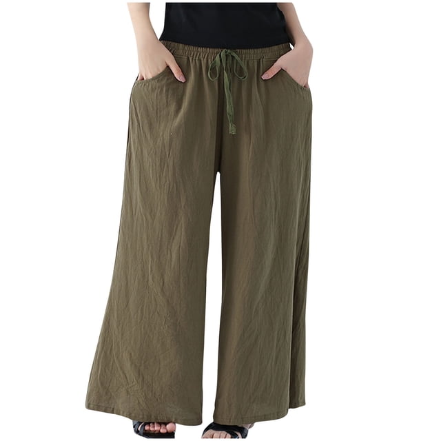 Timegard Womens Cotton Linen Pants Wide Leg Elastic Waisted Drawstring Casual Loose Trousers with Pockets
