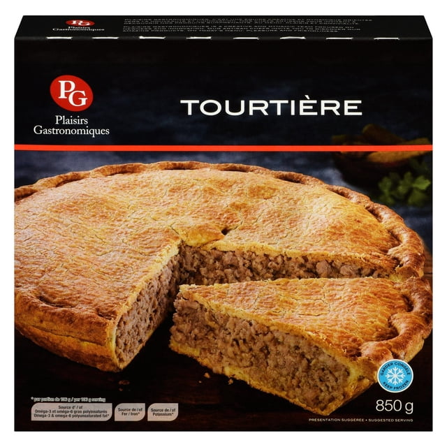 Plaisirs Gastronomiques Frozen Tourtiere featuring a golden-brown flaky pastry crust with a slice removed to reveal a generous pork and beef meat filling seasoned with onions and spices, packaged in a black box with red and white branding, weighing 850 g, suitable as a frozen dinner meal.