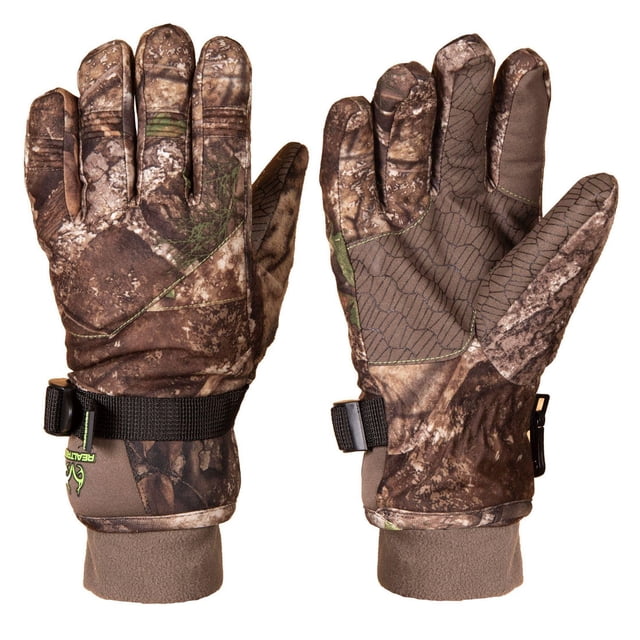 Realtree APX Gants Lourds pour Jeunes en Motif camouflage avec Tissu polyester Imperméable, Respirant et Coupe-Vent, Prise Paume Antidérapante, Dragonne Noire Ajustable et Manchette en Molleton Prolongée pour Chaleur et Confort par Temps Froid.