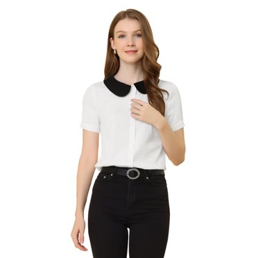 INSPIRE CHIC Blouse Chemise à Manches Courtes pour Femme de Bureau Travail Col Peter Pan Contrastant S Blanc