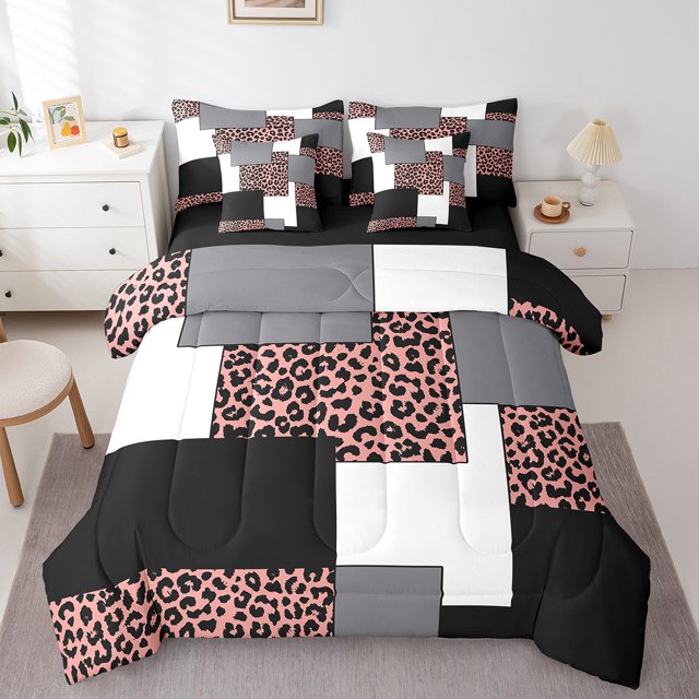 YST Black Striped 7 Pcs Comforter Set for Teens Youth,Geometric Bedding Sets Full,Leopard Texture Bed in A Bag,Abstract Art Reversible Bed Sets with Sheet Set Microfiber