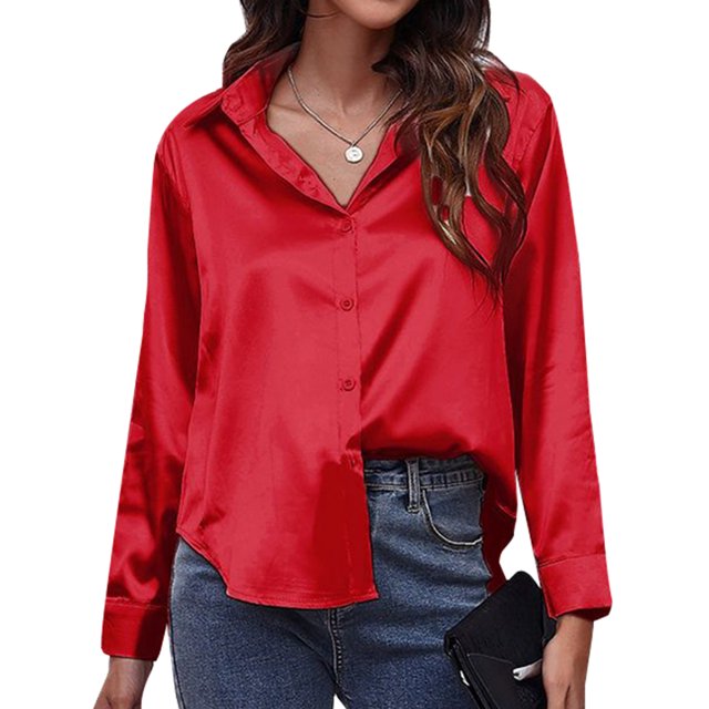 Innerwin Tops Lapel Neck Women Shirts Work Button Down Single Breasted Blouse Red L