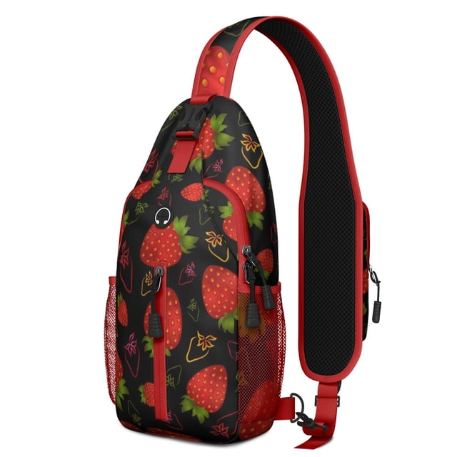 Strawberry Lover’s Cute Sling Backpack, Red Berry Print Crossbody Daypack with Sweet Fruity and Fresh Flower Design