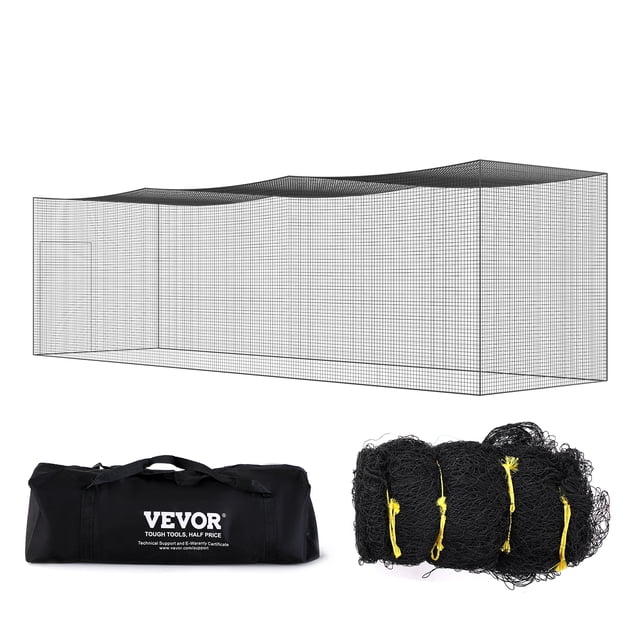 VEVOR Baseball Batting Netting, a 35FT professional softball and baseball training net designed for batting and pitching practice. Made of heavy-duty enclosed PE material with 30-strand knotted mesh, it offers UV stabilization and weather resistance for indoor and outdoor use. Includes a black 600D storage bag and climbing buckles for easy setup and portability, ideal for baseball training equipment needs.