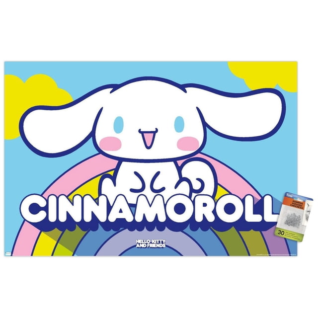 Hello Kitty and Friends : 22 au-Dessus de l'Arc-en-Ciel - Affiche Murale Cinnamoroll Mettant en Vedette un Personnage de Dessin Animé au Centre, Cinnamoroll avec une Fourrure Blanche, de Longues Oreilles Tombantes Définies en Bleu Foncé, des Yeux Bleu Pâle, des Joues Roses et une Bouche Ouverte. le Personnage s'Asseoit au-Dessus d'Un Arc-en-Ciel avec des Bandes Roses, Jaunes, Vertes et Violettes sur un Fond Bleu Pâle avec des Formes de Nuage Jaune. le Mot Cinnamoroll Apparaît en Lettres Blanches Audacieuses