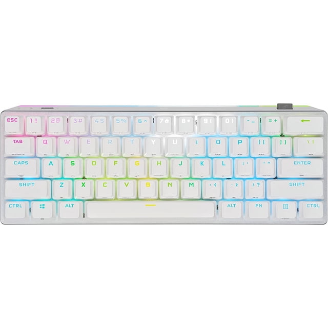 CORSAIR K70 PRO Mini Clavier de Jeu Mécanique Sans Fil RVB 60 % Blanc, Doté d'Un Facteur de Forme compact de 60 % avec Capuchons de Touches Double Prise de 61 PBT. le Clavier Est Équipé de Commutateurs Mécaniques à Vitesse MX Cerise, Personnalisable avec Tout Commutateur Compatible MX. Il Offre Trois options de Connectivité: Sans Fil sub-1ms SLIPSTREAM, Bluetooth et Filaire USB. le Clavier Comprend un Rétroéclairage RVB par Touche et un Éclairage RVB à 360°, le Tout Logé dans un Cadre en Aluminium