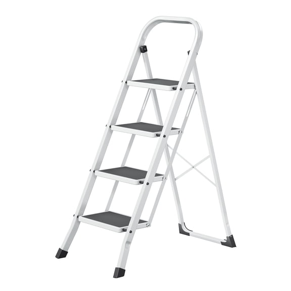 SONGMICS Step Ladder, 4-Step Ladder, Folding Ladder, Safety Lock, Space-Saving Storage, Holds up to 150 kg, White GSL004WZ01