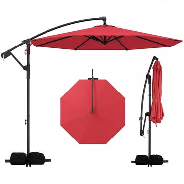 Gymax Parasol Suspendu Déporté de 10 Pi avec Base pour Sac de Sable, Parasol Cantilever pour Patio, Rotation à 360°, Rouge