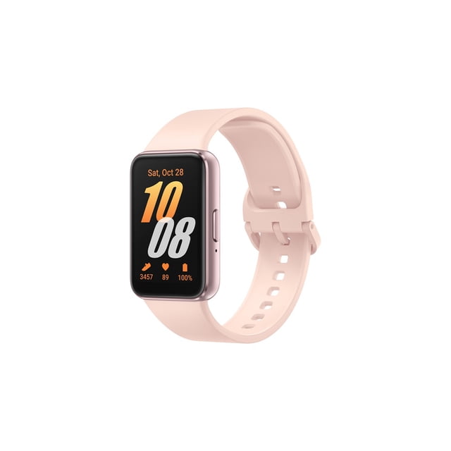 Samsung Galaxy Fit3 Rose Doré Traqueur de Mise en Forme avec Écran Tactile Rectangulaire Mince Affichant la date, l'Heure, les Pas, la Fréquence Cardiaque et le Niveau de Batterie, Assorti à un Bracelet en silicone Rose Doux Ajustable, Convient à l'Activité Quotidienne et au Suivi du Bien-être.