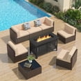 thumbnail image 1 of YODOLLA 7-Piece Patio Furniture Set with 43" Fire Pit Table, Rattan Wicker Outdoor Sectional Sofa Couch with Table Patio Conversation Set for Lawn& Backyard In Brown & Beige, 1 of 9