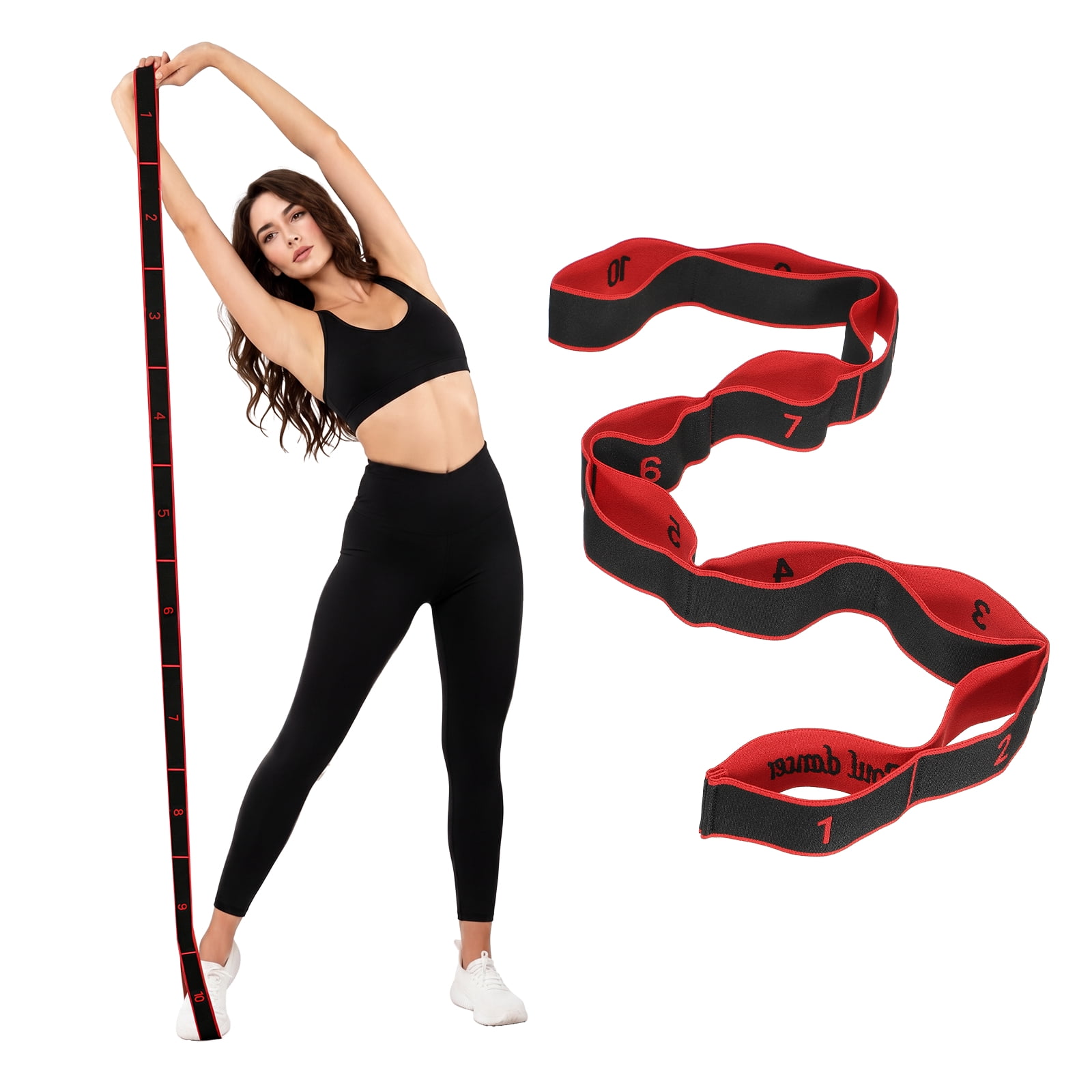 Fitness Resistance Bands, 10-Section Number Stretch Resistance Band, Elastic Stretch Strap with Handles Red - Fitting for (Full Body Training/Yoga)