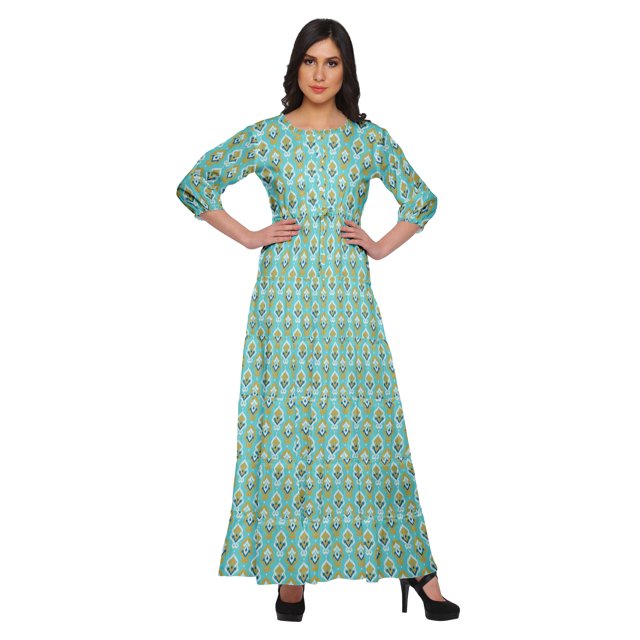 Moomaya Printed Round Neck 3/4 Sleeve Long Maxi Dress With Drawstring Waist
