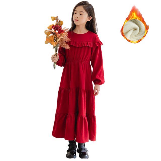 Qudderr Robes en Polaire pour Adolescentes, Robe Décontractée en Velours Côtelé, Col Rond, Manches Longues, Robe Princesse pour 5-14 Ans