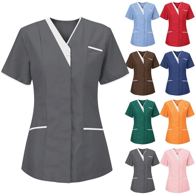 DDAPJ pyju Sarraus d'Infirmière pour Femmes, Hauts de Sarrau à Boutons-Pression à l'Avant, Cache-Cœur à Col en V, Manches Courtes, Chemises de Sarraus Médicaux, Soins de Santé, Uniforme de Travail pour Infirmière avec Poches, Soldes de Liquidation, Bleu Ciel, P