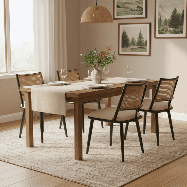 Noble House Modern Dining Chairs Set of 4, PU Upholstered Easy-Clean Seats with PE Rattan Back,Black + Natural