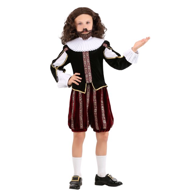 Costume de Garçon William Shakespeare Conçu pour les Enfants, Comprenant une Chemise en Velours Noir à Enfiler avec Tresse Dorée et Garniture de Ruban Brocart, des Manches Coupées et des Poignets Plissés. Comprend un Pantalon Bourgogne Longueur Genou avec Taille Élastique et Poignets, Bordé de Ruban Brocart. la Tenue Est Complétée par un Col Blanc Plissé, une Perruque Synthétique, une Barbe et une Moustache sur un Dos en Maille, et des Boucles de Chaussures Ton or avec des Bandes Élastiques. Parfait pour l'Halloween, des Reconstitutions Historiques Ou des Spectacles Théâtraux