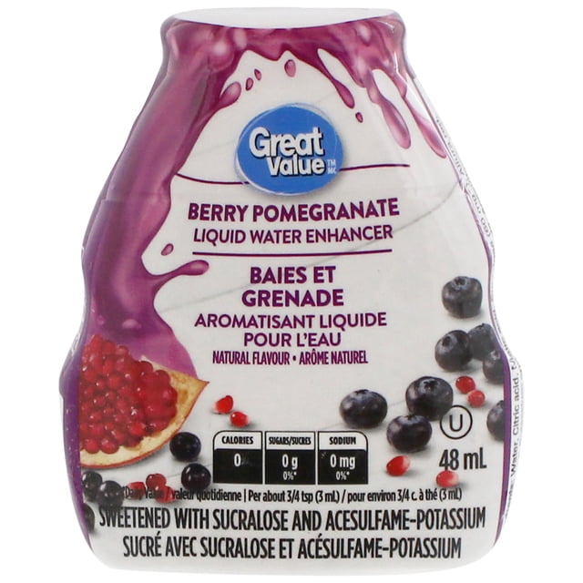 Great Value Rehausseur Liquide d'Eau aux Baies et à la Grenade Bouteille de 48 ml avec Étiquette Blanche et Violette Mettant en Vedette des Graines de Grenade et des Bleuets, Zéro Calorie, Zéro Sucre et Zéro sodium, Sucré avec sucralose et Acésulfame-Potassium, Idéal pour Ajouter une Saveur Naturelle à l'Eau.