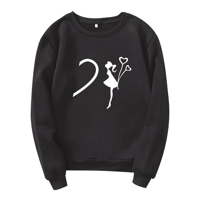 Lolmot Couple Print Plus Velvet Long Sleeve Round Neck Pullover Sweatshirt Top (UNISEX) in black, featuring a white silhouette print of a woman holding heart-shaped balloons. Made of polyester with a casual and fashionable style, suitable for autumn and winter. Designed with a regular fit, long sleeves, and a round neckline.