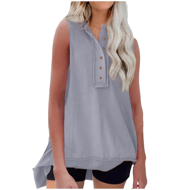 FAIWAD Women's Sleeveless Tank Tops Summer V Neck Button Down Tops Irregular Hem Lightweight Tops