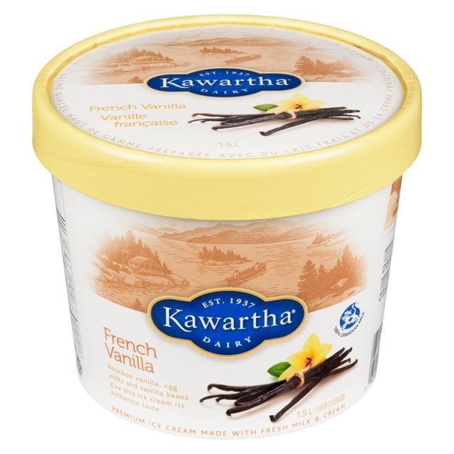 French Vanilla - 1.5 Litre Kawartha Dairy ice cream tub with pale yellow lid, featuring vanilla bean pods and a vanilla flower on the label, made with bourbon vanilla, egg yolks, and vanilla beans for authentic flavour, decorated with a rustic Canadian landscape illustration.