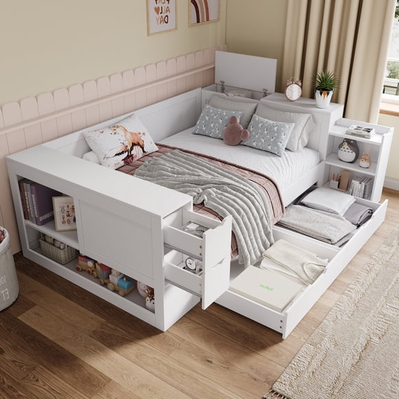 GOWE Full Size Daybed with Headboard Storage - Multifunctional Storage Bed Fram Space-Saving & Versatile Bed:This multifunctional bed is tailored for small bedrooms, playrooms, or guest rooms, comb
