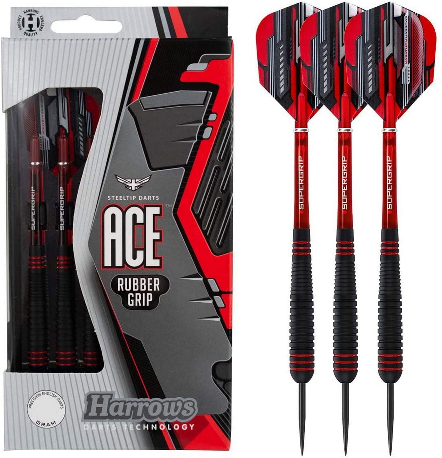 Harrows Ace Rubber Grip Steel Tip Brass Darts, 24 g, with Supergrip Shafts and Marathon Flights