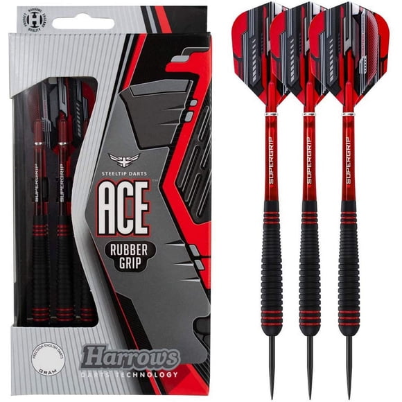 Harrows Ace Rubber Grip Darts - Includes Three Steel-Tip Solid-Brass Darts, Three Supergrip Shafts & Three Marathon Flights - 26 Grams