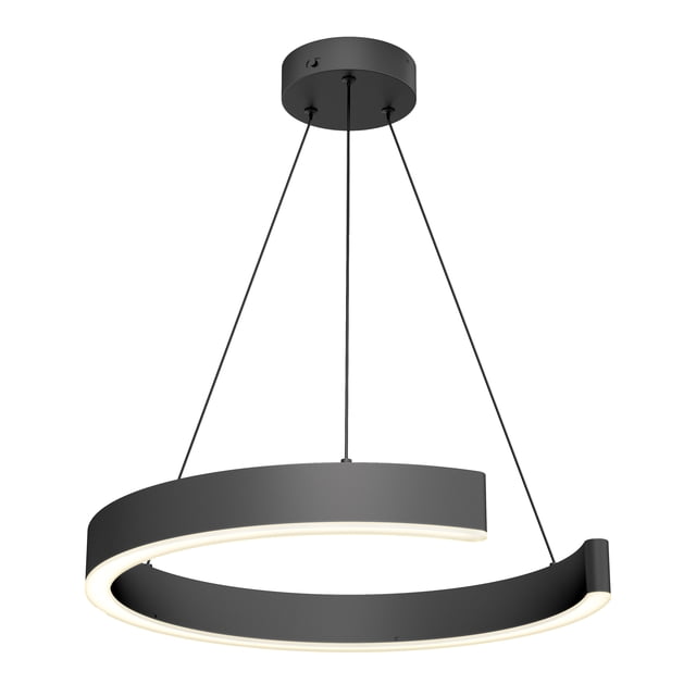 Artika Vance LED Modern Pendant Light in matte black with a sleek semicircle design. This energy-efficient pendant light features integrated LED lighting with a 50,000-hour lifespan, 1,600-lumen output, and selectable color temperatures ranging from warm white to cool white. The adjustable suspension allows for customizable height, making it suitable for kitchens, entryways, or stairwells. Compatible with LED dimmers for adjustable brightness, it combines contemporary elegance with functionality.