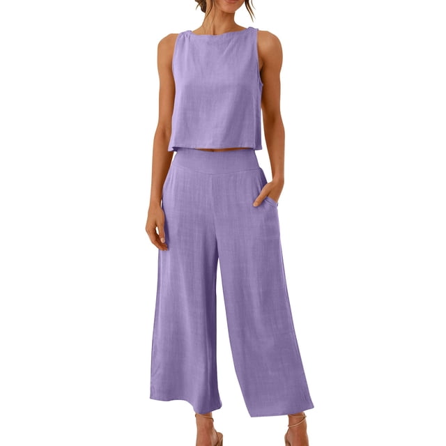 RKSTN Two Piece Set for Woman Round Neck Solid Color Sleeveless Blouse and Loose Pockets Pants Summer Outfits