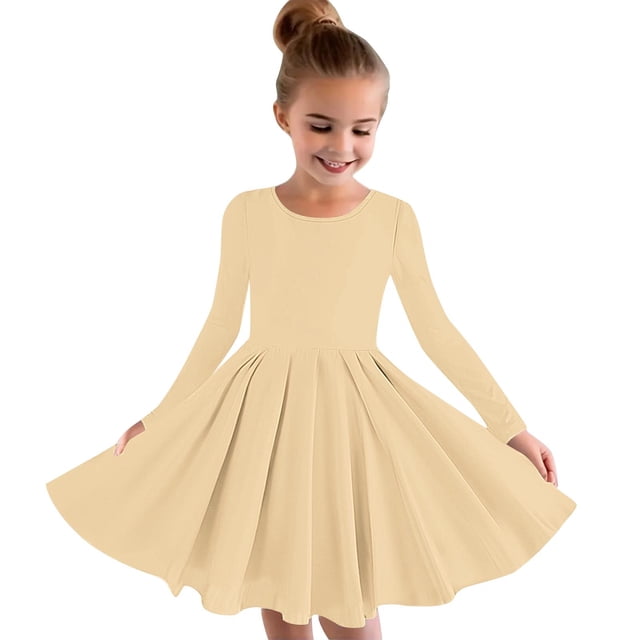MeetoTime Robe de Performance pour Filles à Manches Longues, Couleur Unie, Col Rond, Extensible, Robe de Récital Scolaire, 4-14 Ans, Vêtements pour Enfants