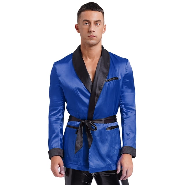 RUNQHUI Men Silky Satin Smoking Jacket Robe Kimono Bathrobe Luxurious Light Weight Bath Robe Housecoat Royal Blue M