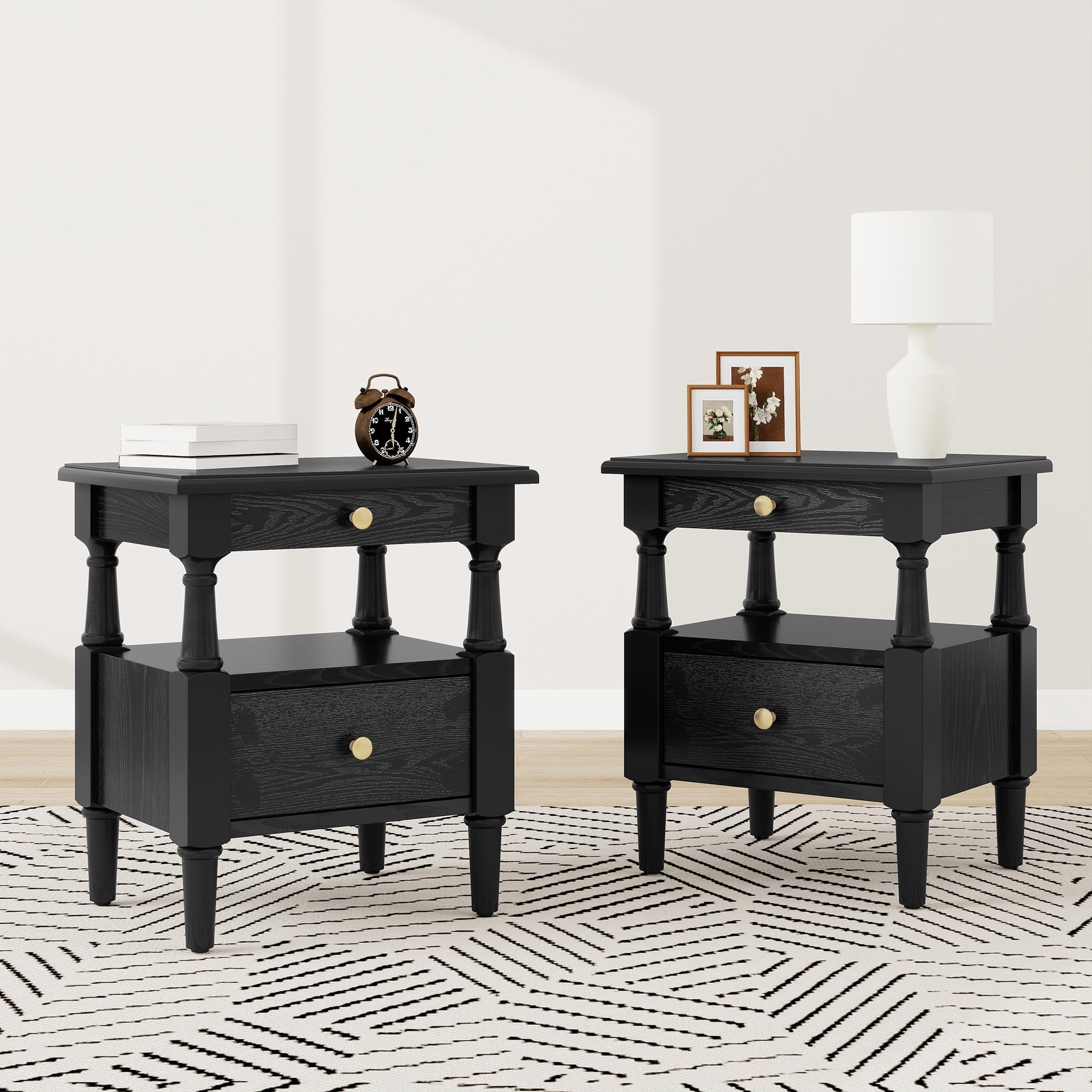 Nightstand Modern Set of 2 With Drawers Wooden Non-Slip Feet Bedroom Bedside Sofa Accent End Table For Small Spaces Living Room Furniture Black